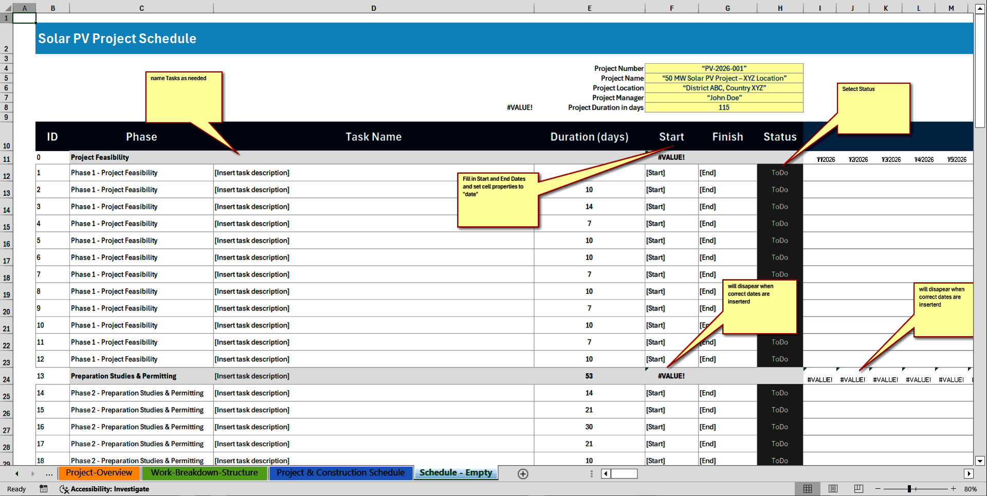 Solar (PV) Power Plant Project Gantt Schedule Template (Excel template (XLSX)) Preview Image