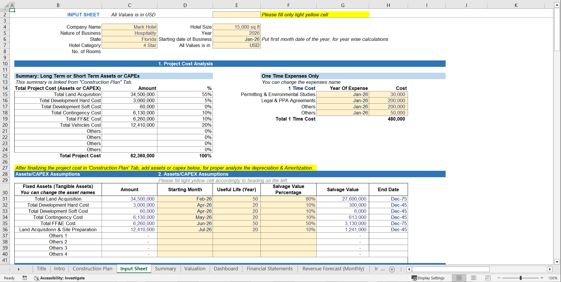 Hotel Development Financial Projection Model Template (Excel template (XLSX)) Preview Image