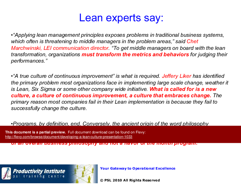 This is a partial preview of Developing a Lean Culture (46-slide PowerPoint presentation (PPTX)). Full document is 46 slides. 
