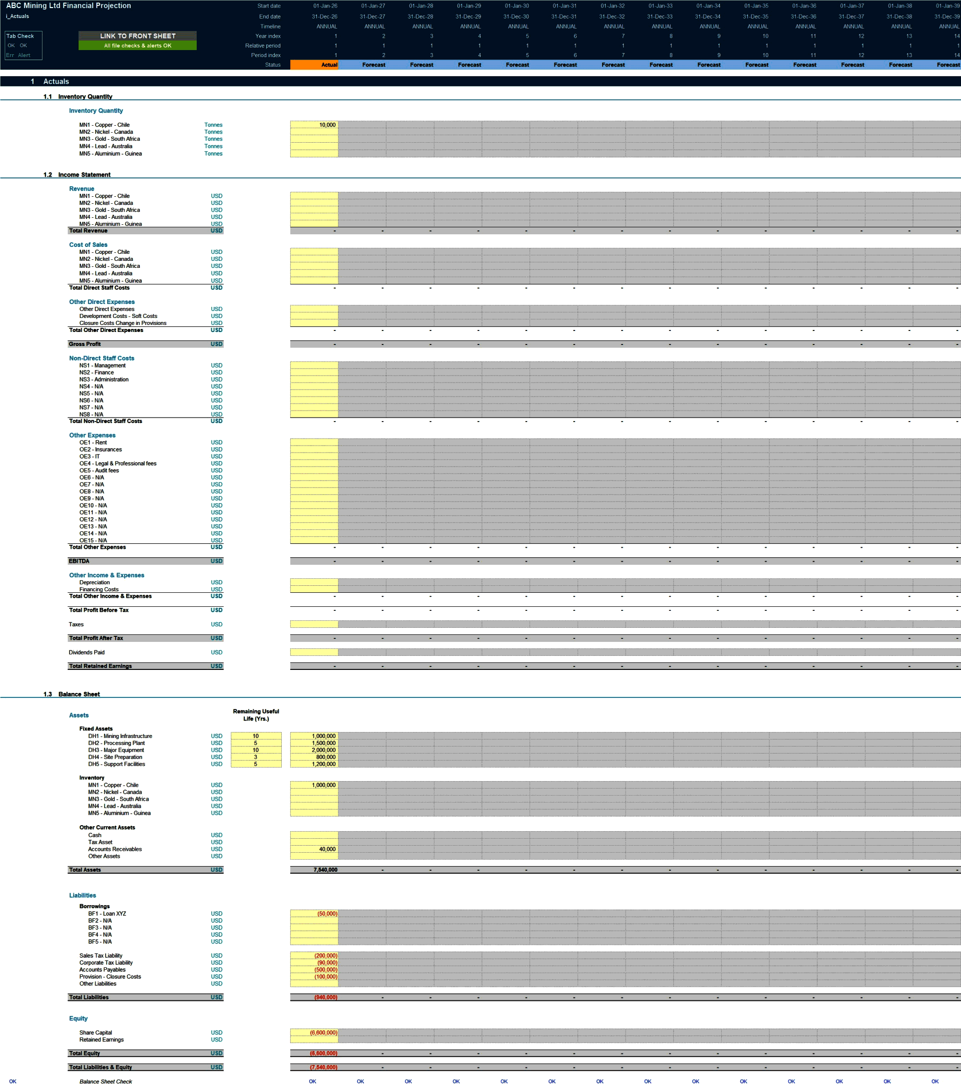 Mining Business 25-Year 3 Statement Financial Projection Mod (Excel template (XLSX)) Preview Image