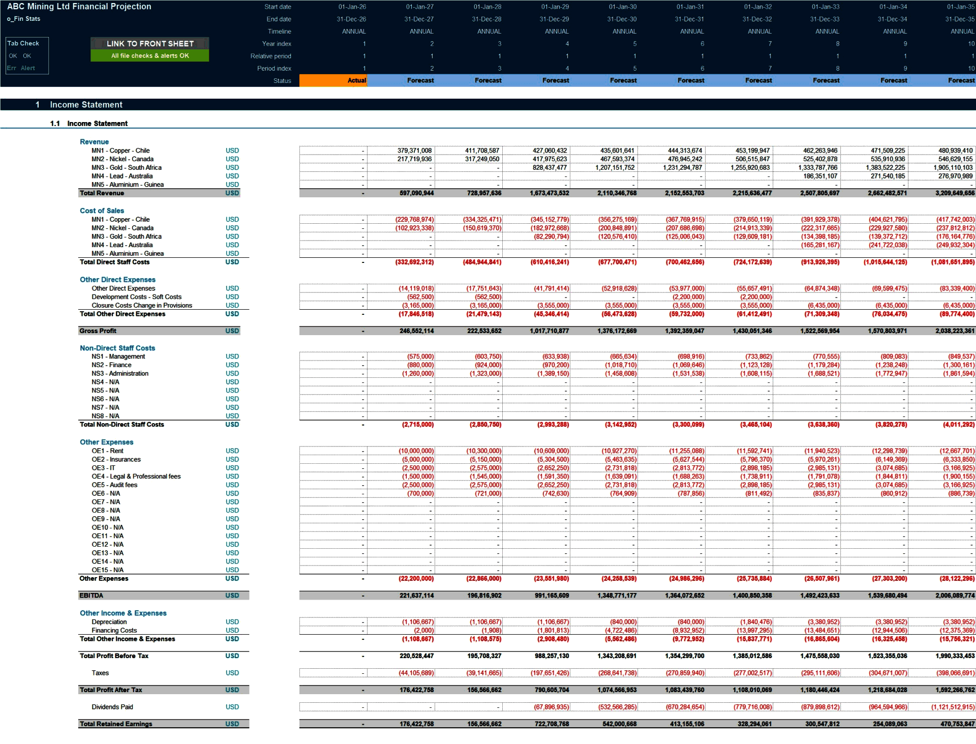 Mining Business 25-Year 3 Statement Financial Projection Mod (Excel template (XLSX)) Preview Image