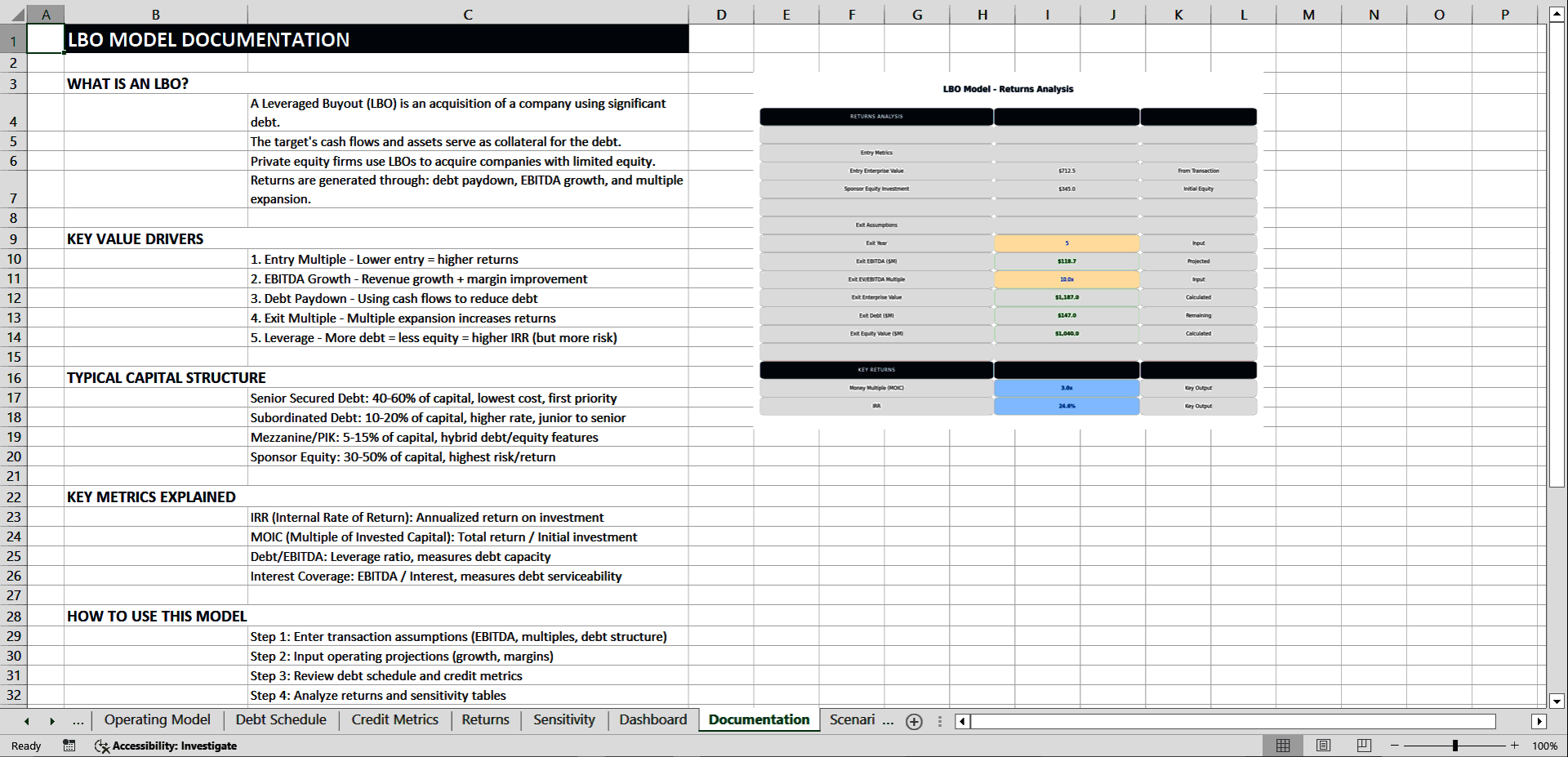 Professional LBO Model (Excel): IRR/MOIC + Debt + Cash Sweep (Excel template (XLSX)) Preview Image