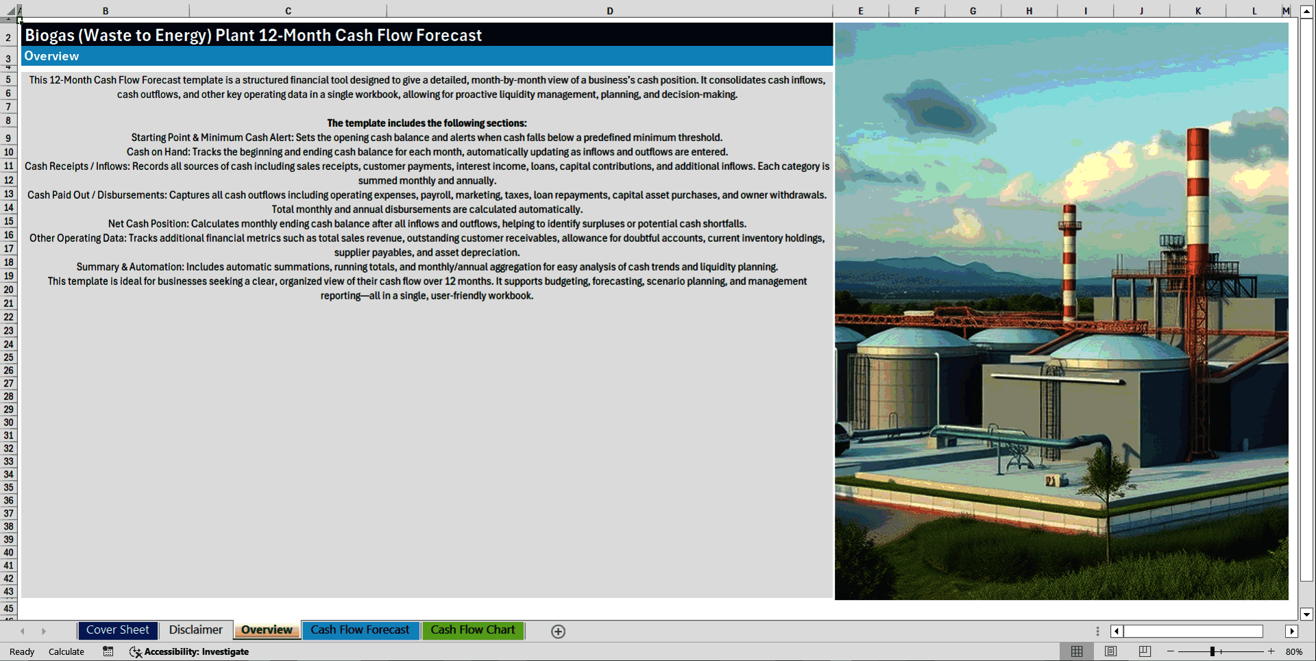 Biogas (Waste to Energy) Plant 12-Month Cash Flow Model (Excel template (XLSX)) Preview Image