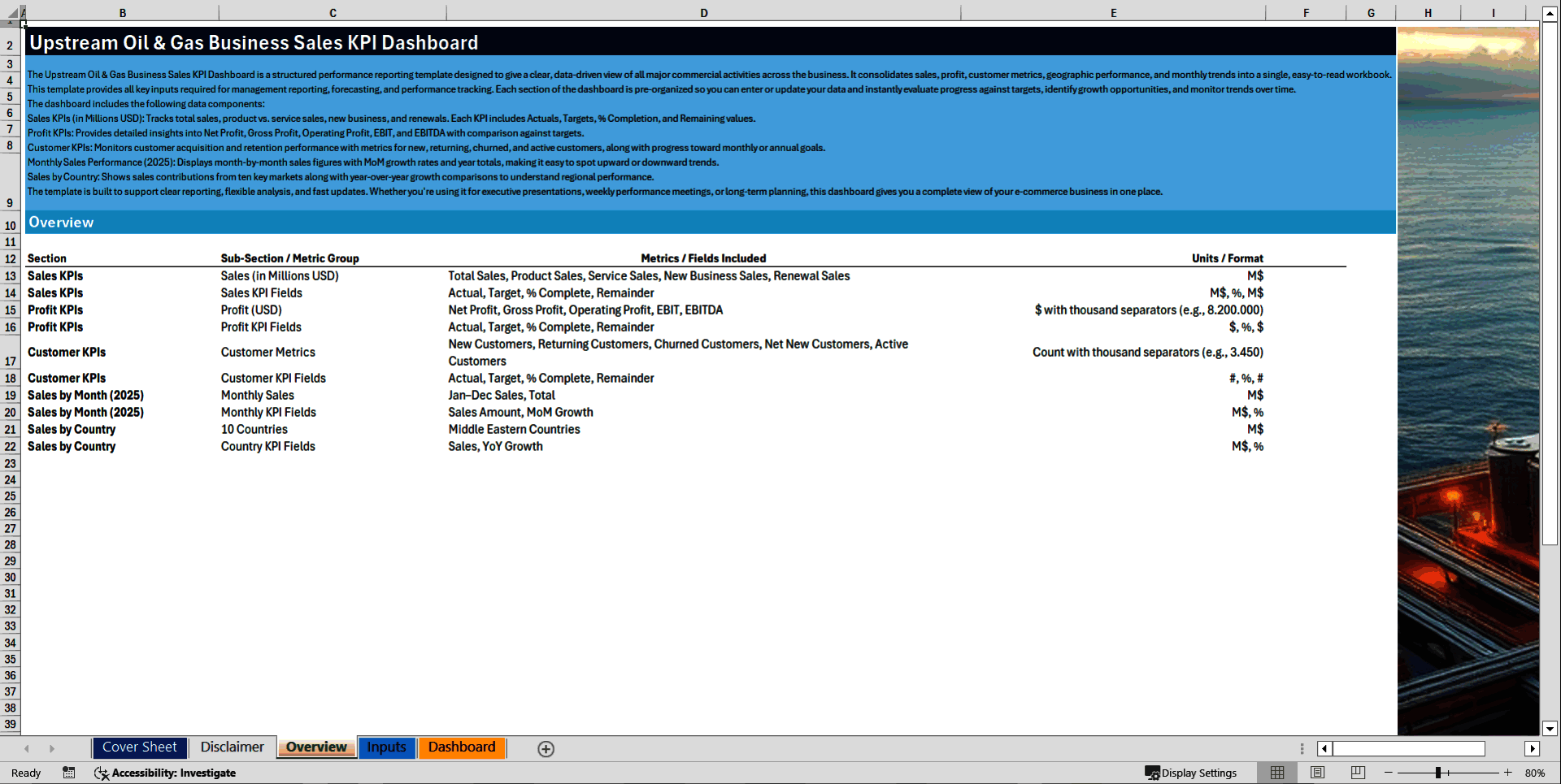 Upstream Oil & Gas Business Sales KPI Dashboard (Excel template (XLSX)) Preview Image