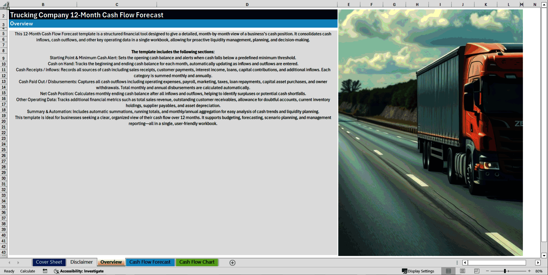 Trucking Company 12-Month Cash Flow Forecast Model (Excel template (XLSX)) Preview Image