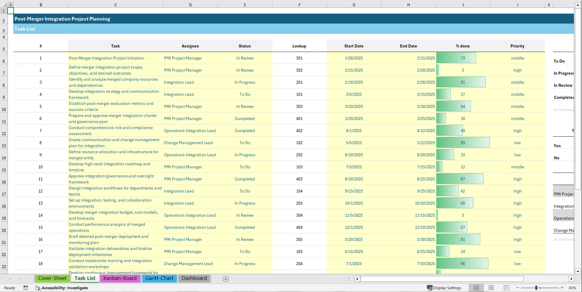 Post-Merger Integration (PMI) Project Planning Template (Excel template (XLSX)) Preview Image