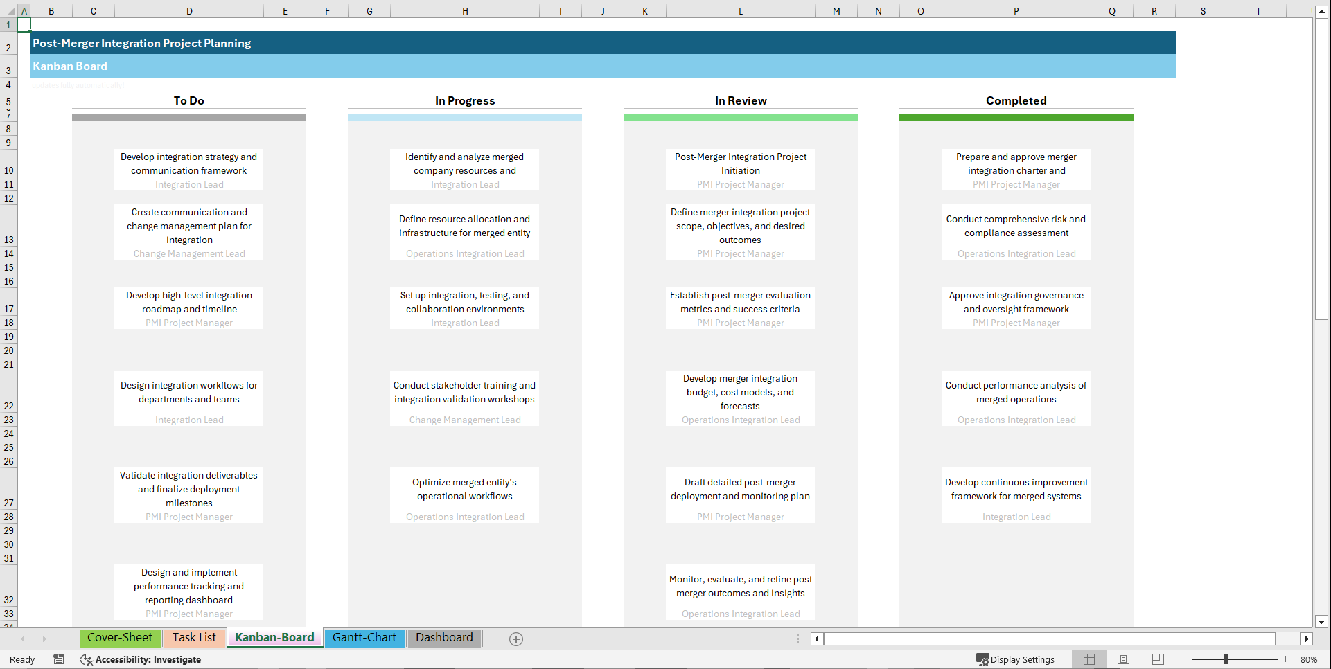 Post-Merger Integration (PMI) Project Planning Template (Excel template (XLSX)) Preview Image