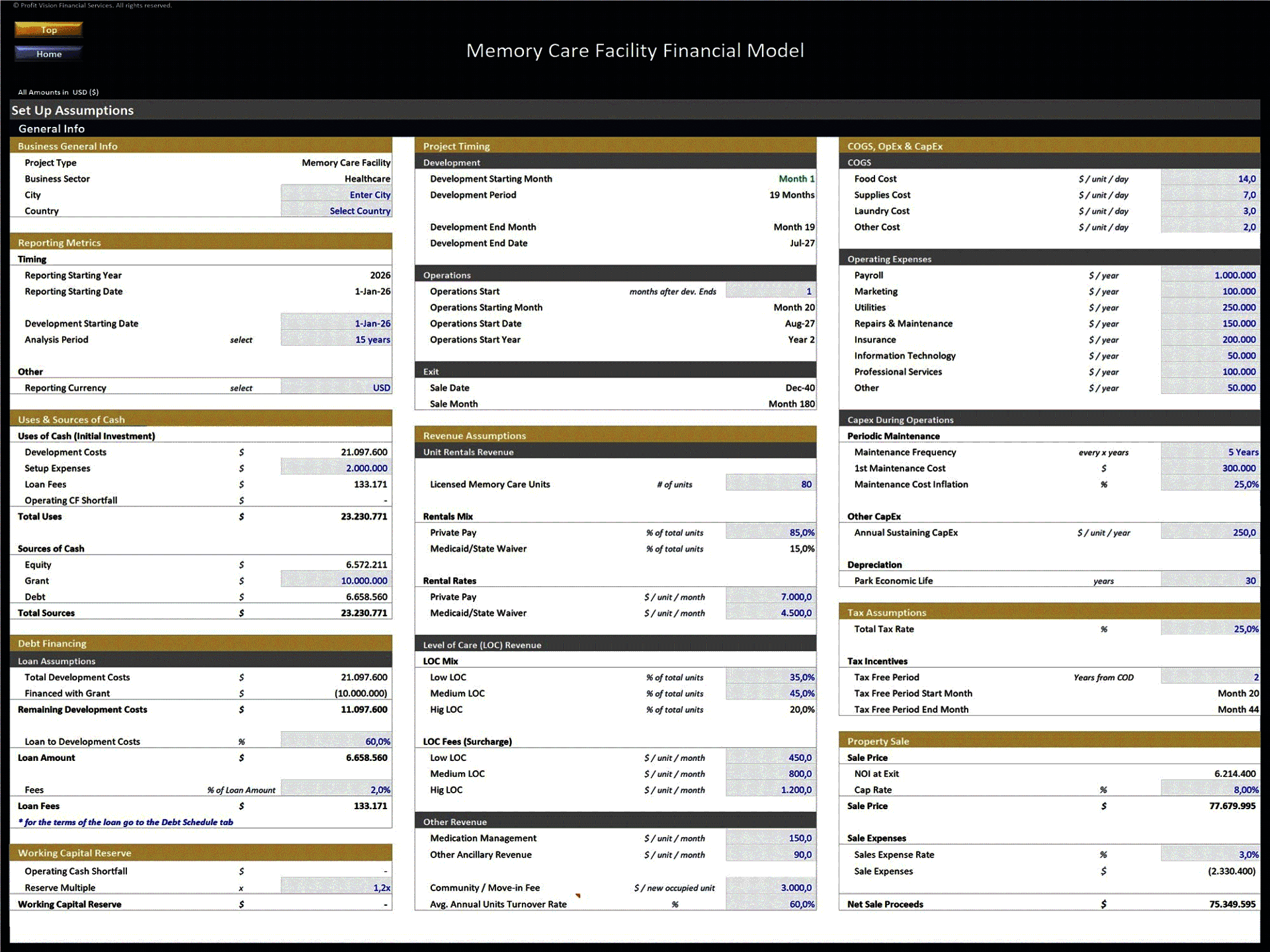 Memory Care Facility Development – 15 Year Financial Model (Excel template (XLSX)) Preview Image