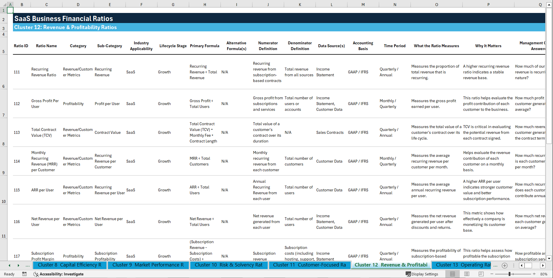 100+ SaaS Business Financial Ratios (Excel template (XLSX)) Preview Image