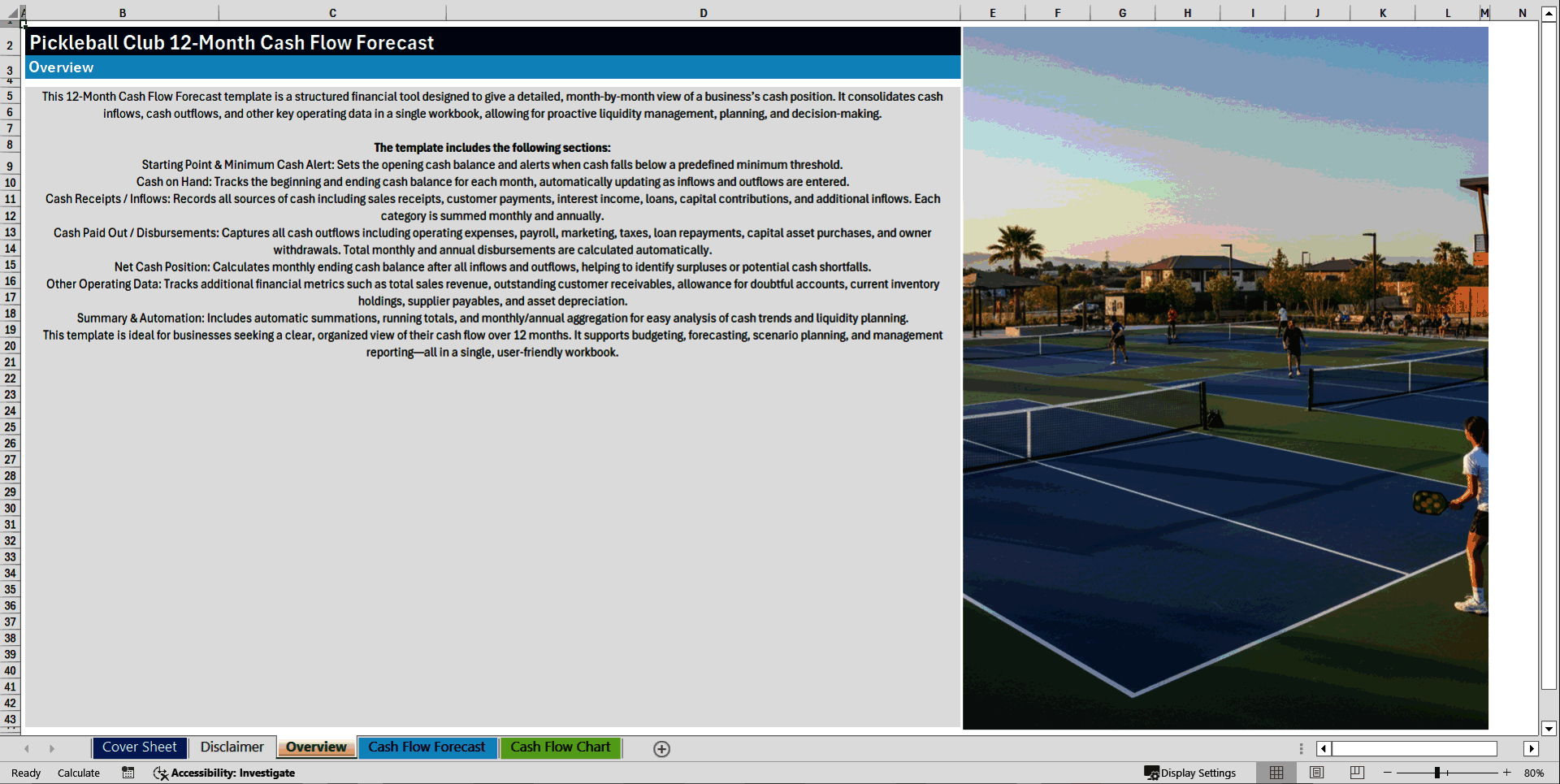 Pickleball Club 12-Month Cash Flow Forecast Model (Excel template (XLSX)) Preview Image