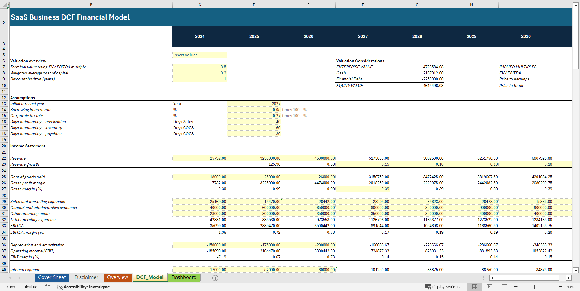 SaaS Business Discounted Cash Flow (DCF) Financial Model (Excel template (XLSX)) Preview Image