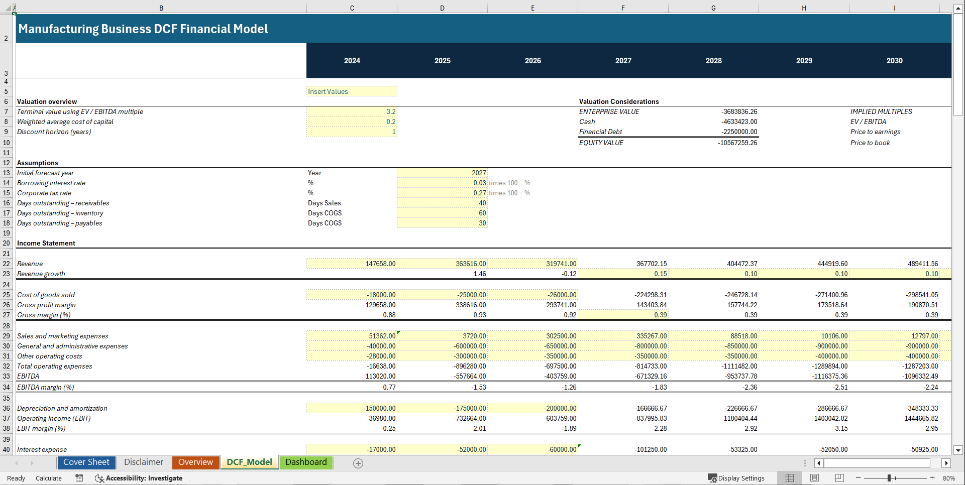 Manufacturing Business DCF Financial Model (Excel template (XLSX)) Preview Image