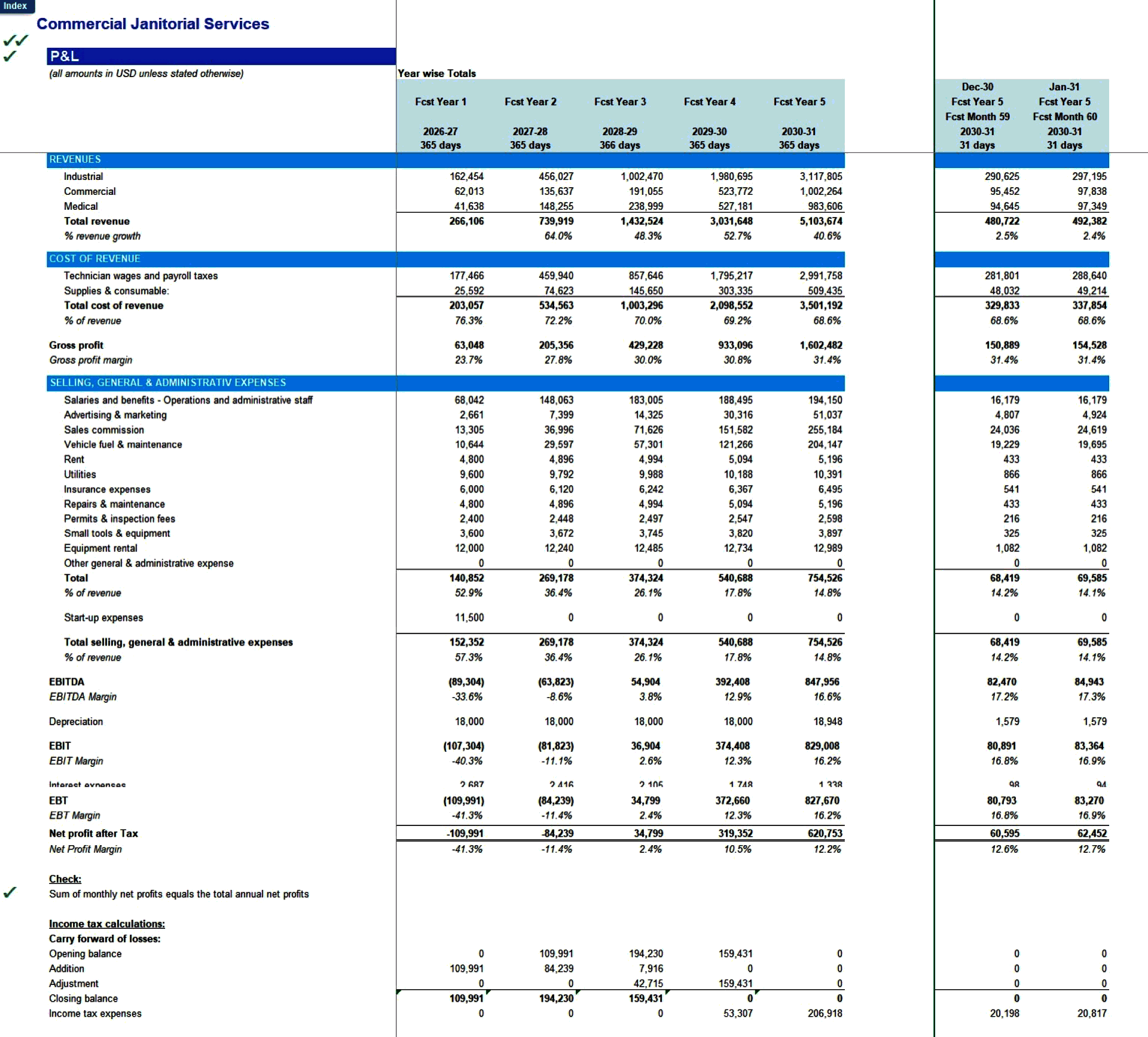 Commercial Janitorial Services 5-Year Financial Model (Excel template (XLSX)) Preview Image