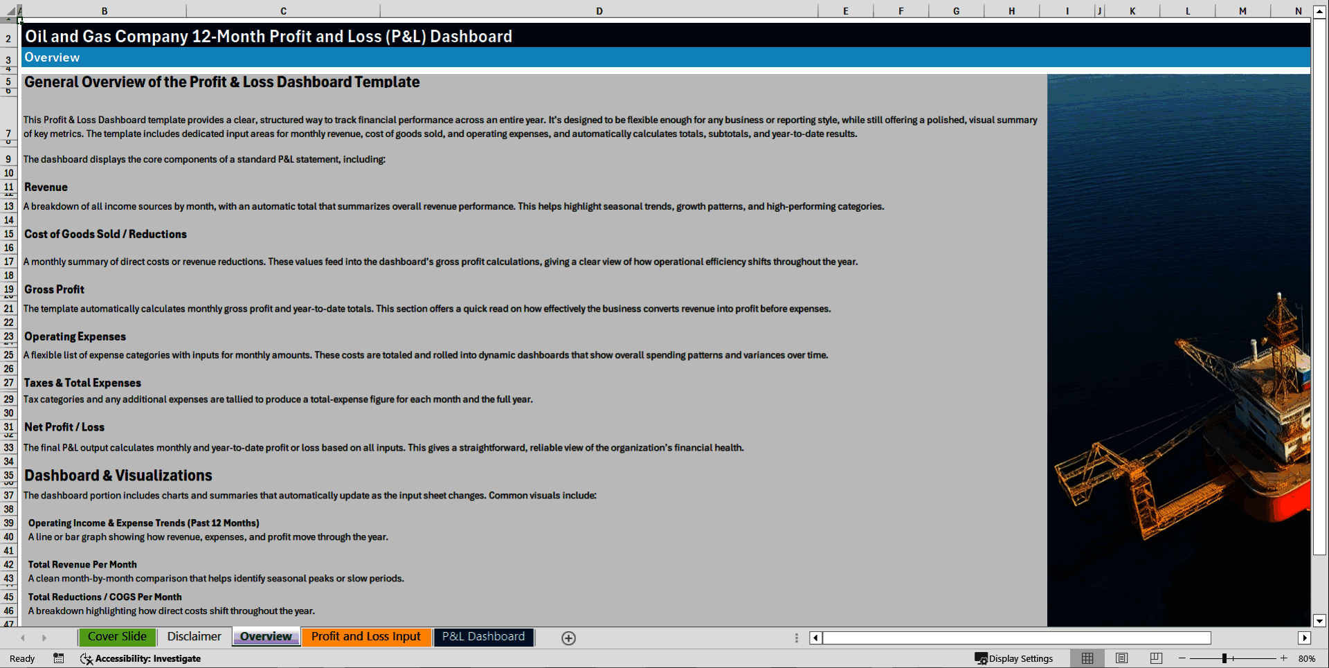 Oil and Gas Company 12-Month Profit and Loss (P&L) Dashboard (Excel template (XLSX)) Preview Image