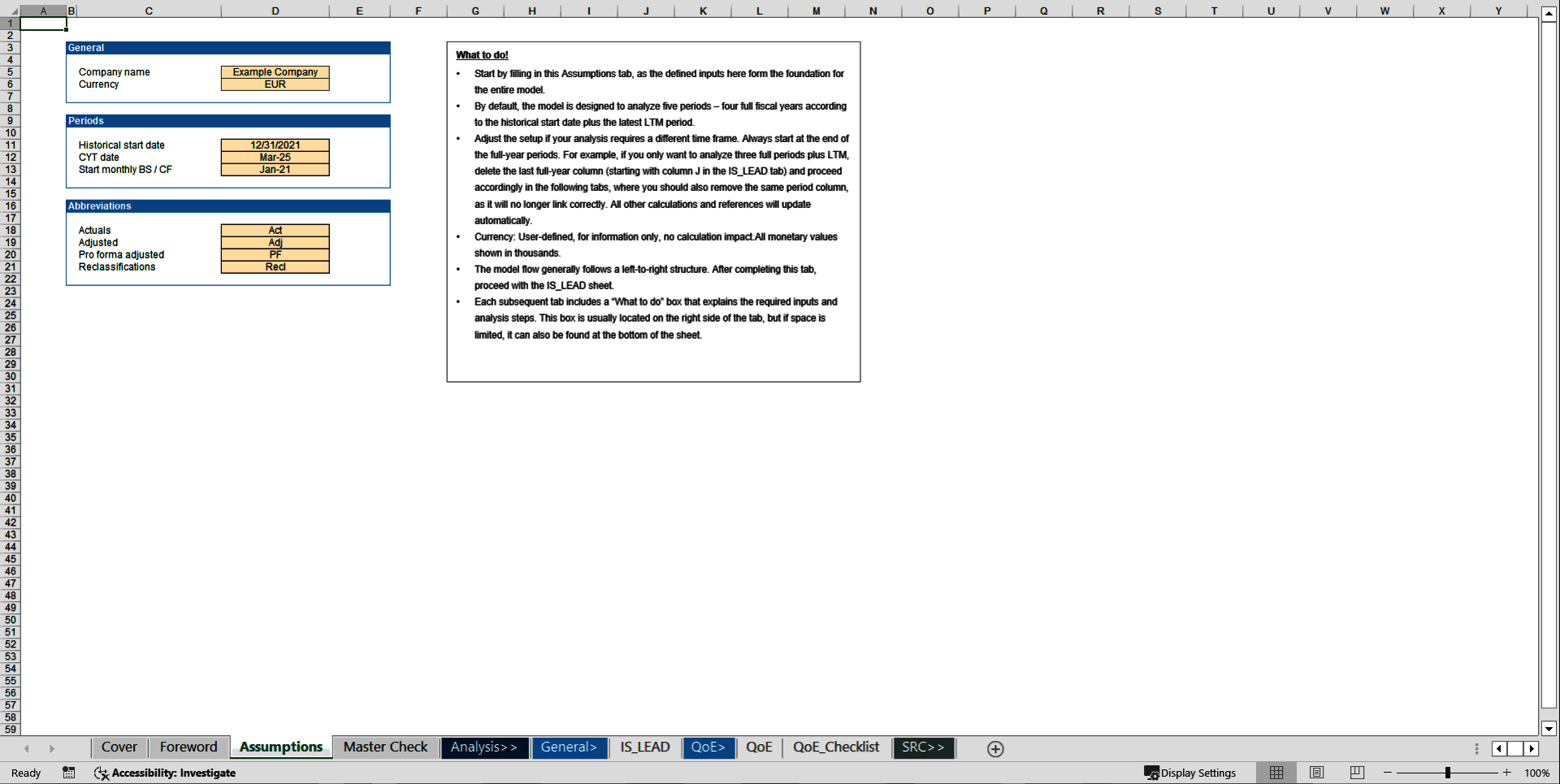 Transaction Services – FDD Quality of Earnings (QoE) Model (Excel template (XLSX)) Preview Image