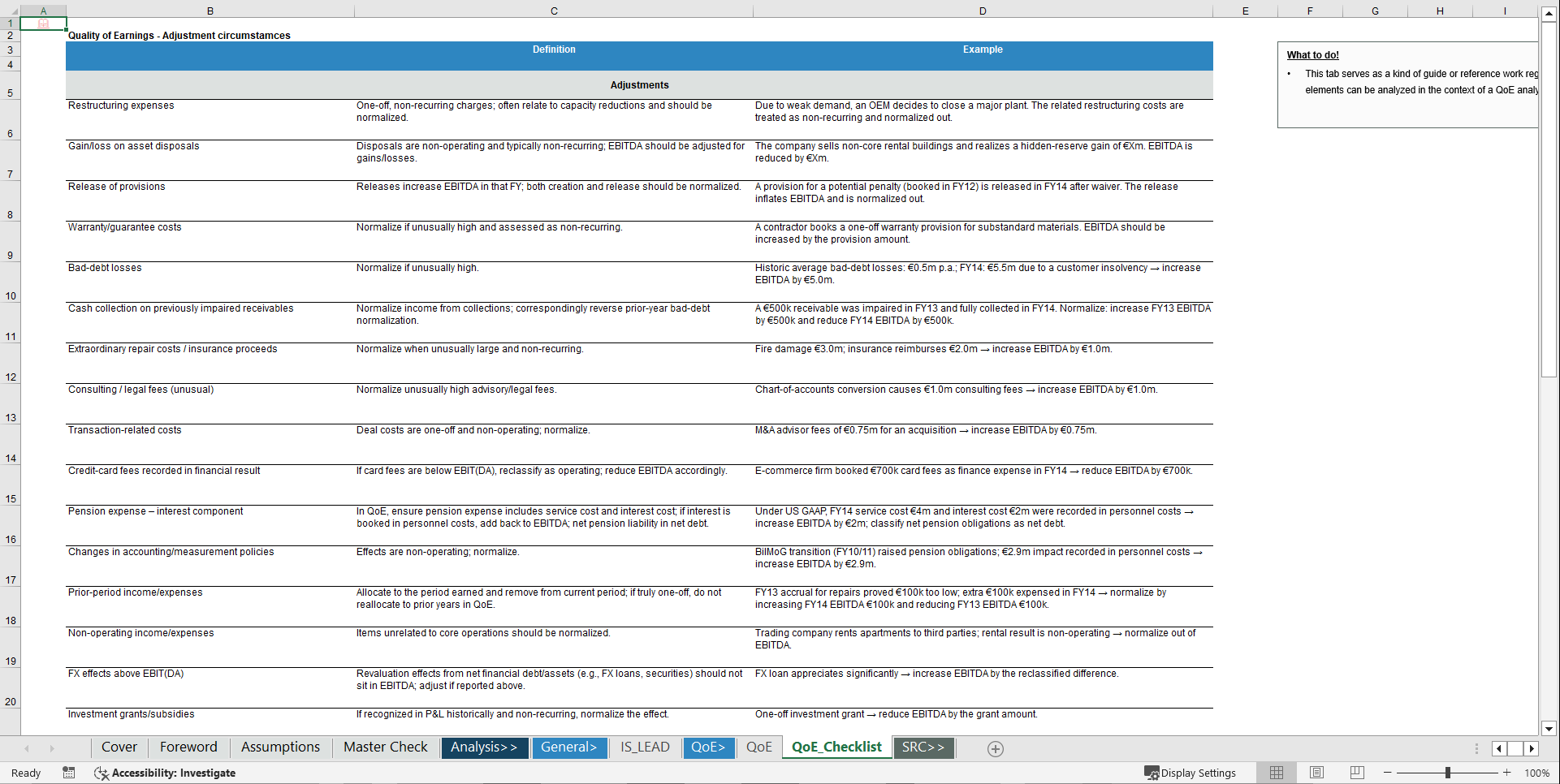 Transaction Services – FDD Quality of Earnings (QoE) Model (Excel template (XLSX)) Preview Image