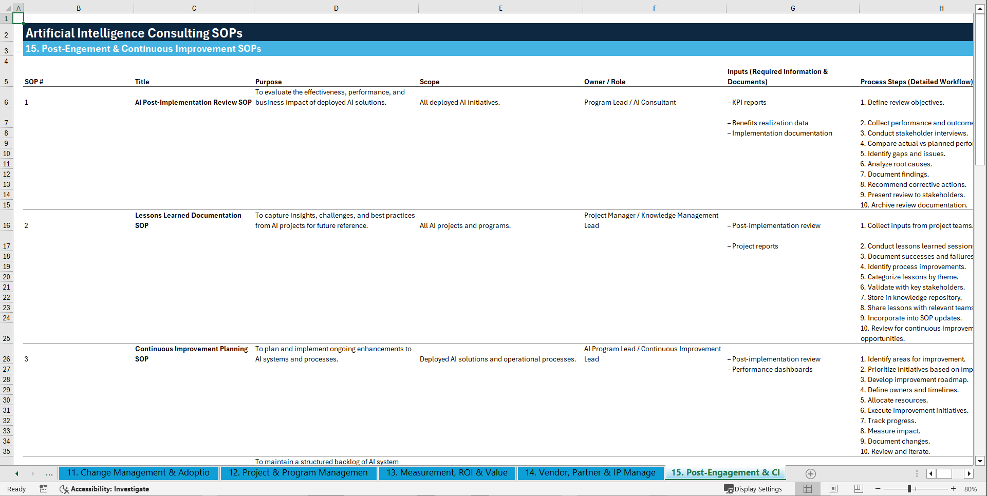100+ Artificial Intelligence (AI) Consulting SOPs (Excel template (XLSX)) Preview Image