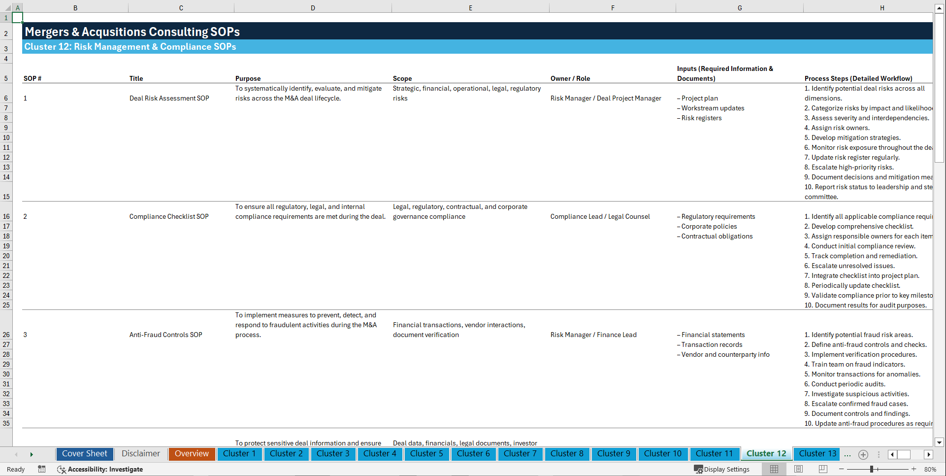 100+ M&A Consulting SOPs (Excel template (XLSX)) Preview Image