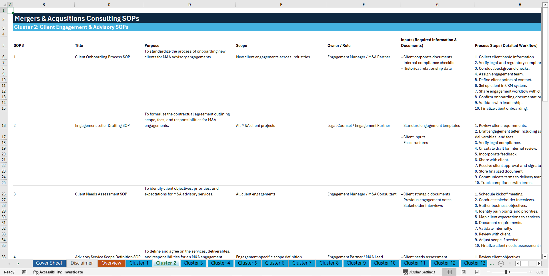 100+ M&A Consulting SOPs (Excel template (XLSX)) Preview Image