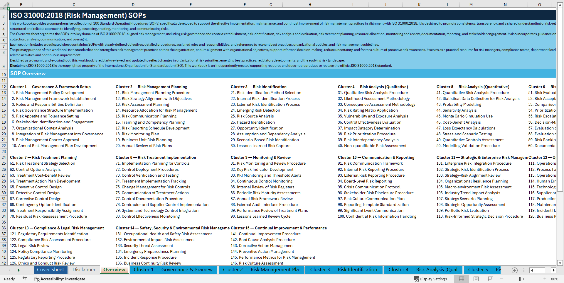 100+ ISO 31000:2018 (Risk Management) SOPs (Excel template (XLSX)) Preview Image