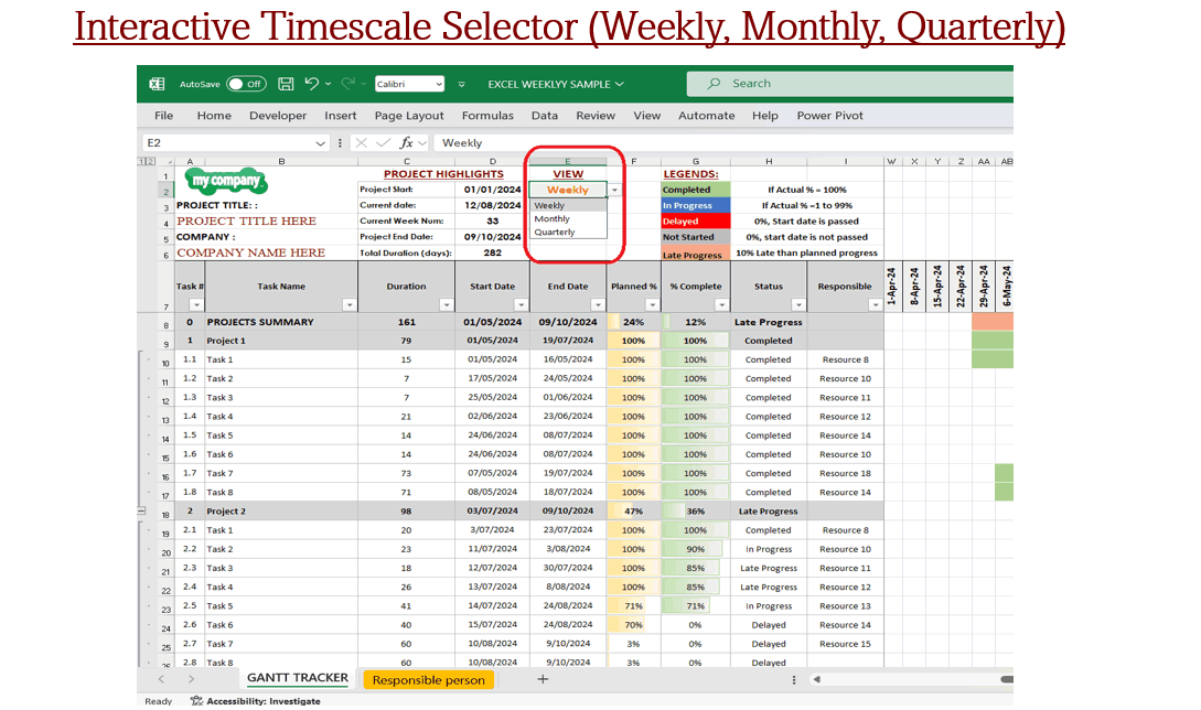 Dynamic Gantt Chart With Fixed and Multiple Timescales (Excel template (XLSX)) Preview Image