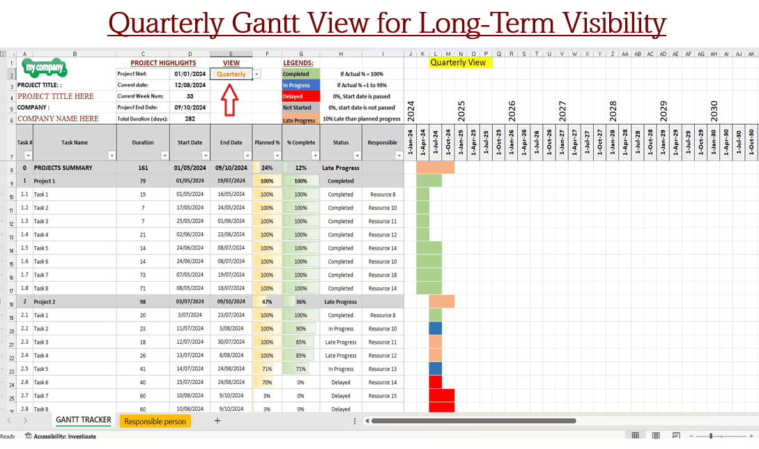 Dynamic Gantt Chart With Fixed and Multiple Timescales (Excel template (XLSX)) Preview Image