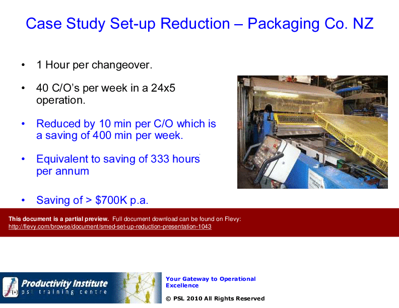 This is a partial preview of SMED - Set-up Reduction Presentation (70-slide PowerPoint presentation (PPT)). Full document is 70 slides. 