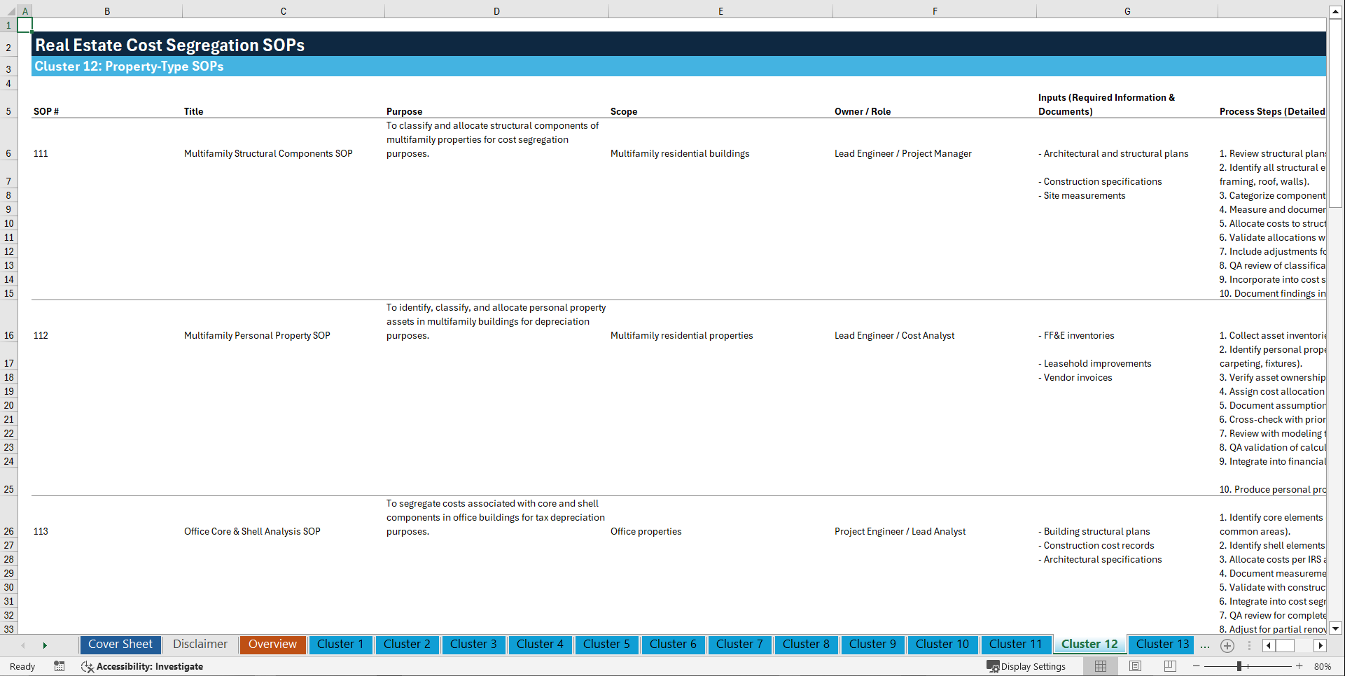 100+ Real Estate Cost Segregation SOPs (Excel template (XLSX)) Preview Image