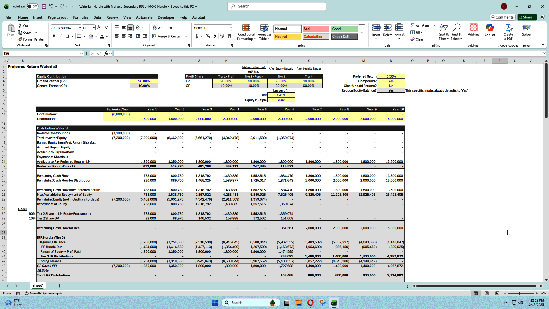 LP-Protected JV Waterfall with Dual Return Hurdles (Excel template (XLSX)) Preview Image