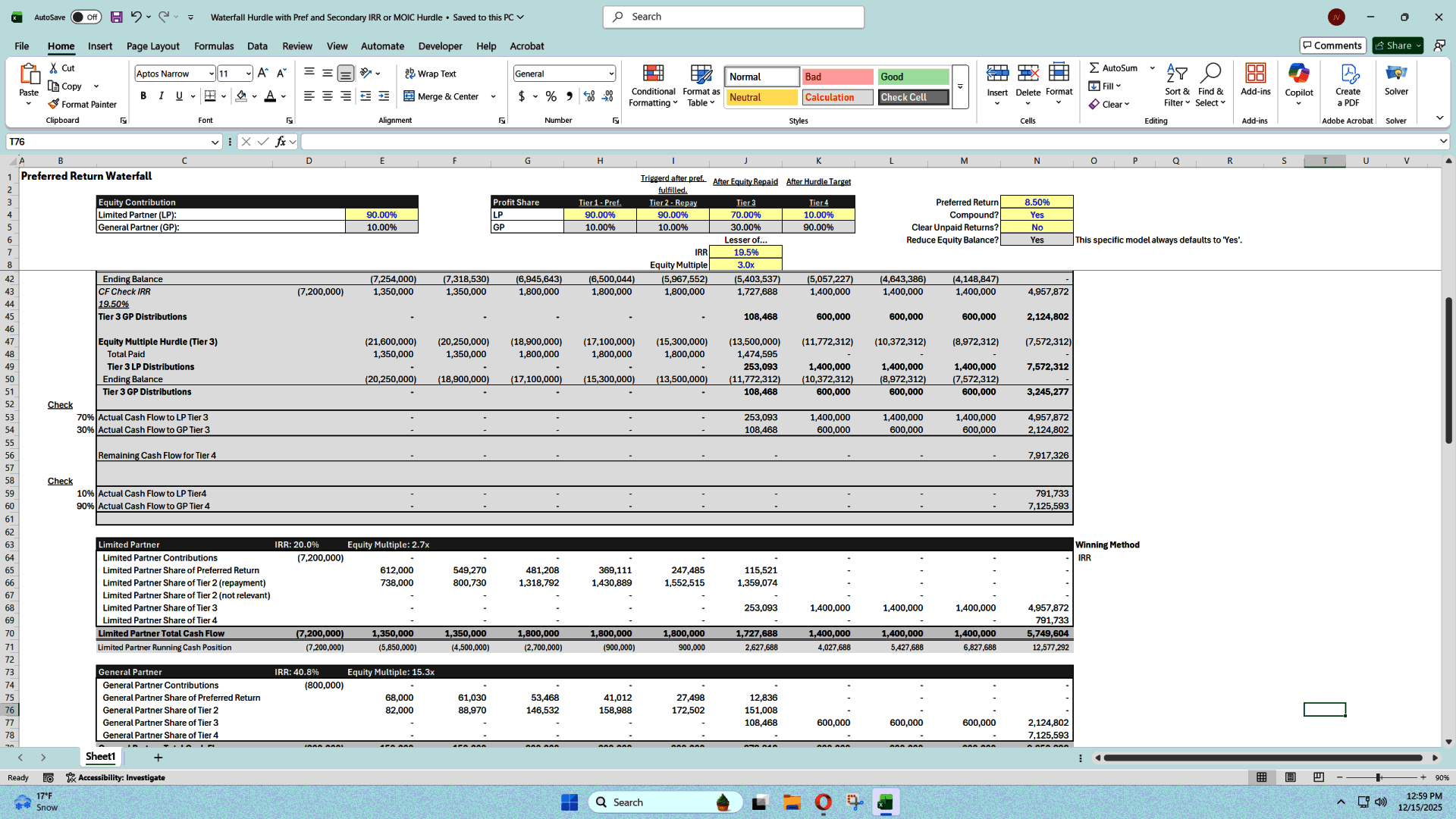 LP-Protected JV Waterfall with Dual Return Hurdles (Excel template (XLSX)) Preview Image