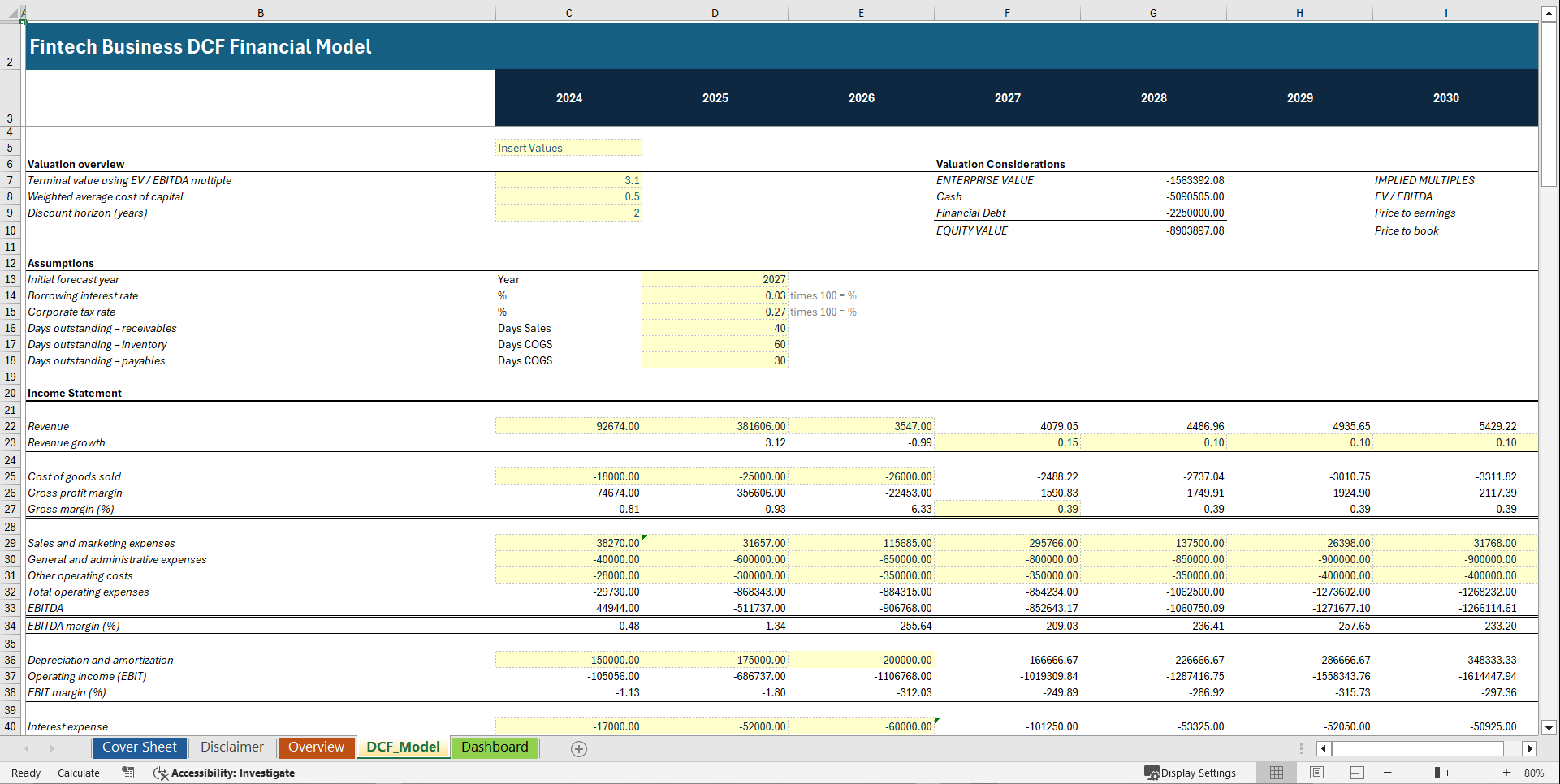 Fintech Business DCF Valuation Financial Model (Excel template (XLSX)) Preview Image