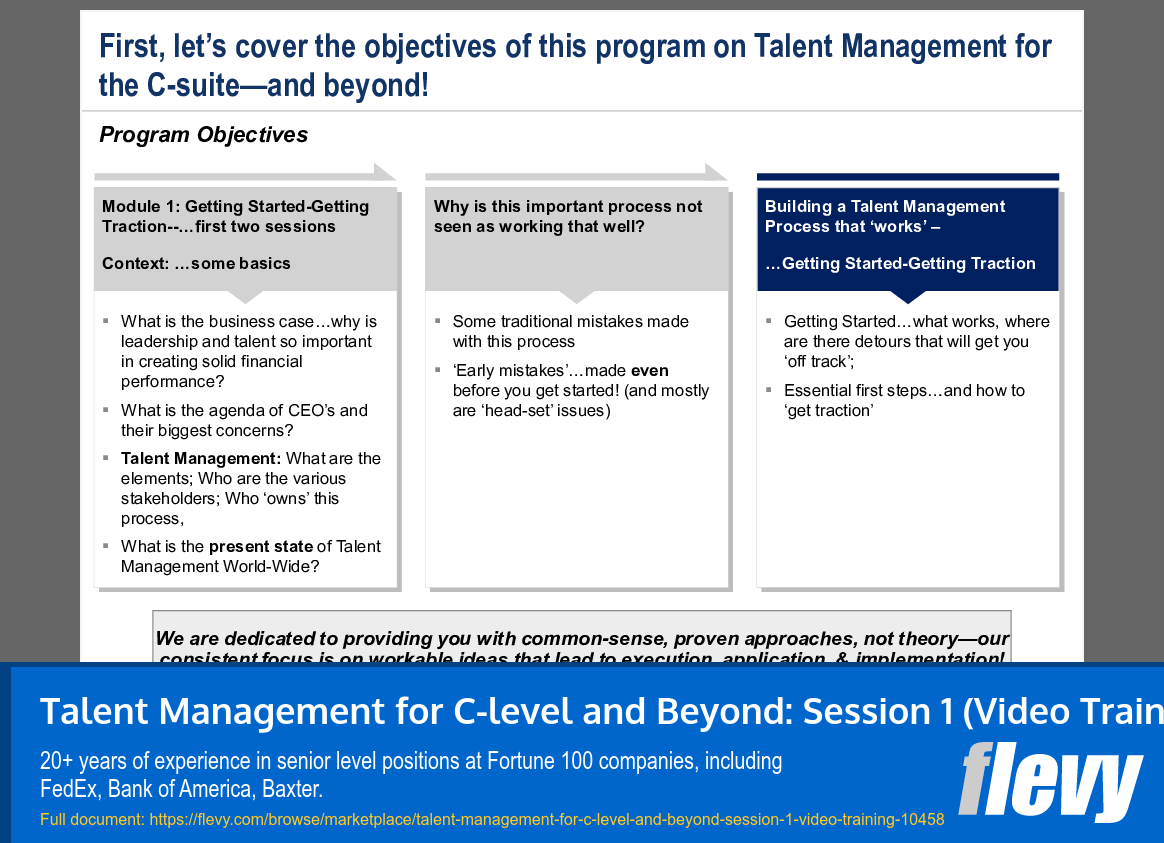 Talent Management for C-level and Beyond: Session 1 (Video Training) (19-slide PPT PowerPoint presentation slide deck (PPTX)) Preview Image