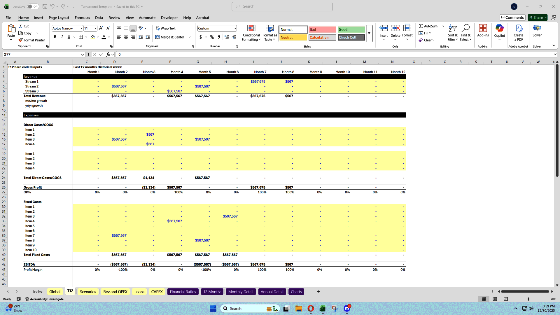 Business Turnaround Scenario & Sensitivity Financial Model (Excel template (XLSX)) Preview Image