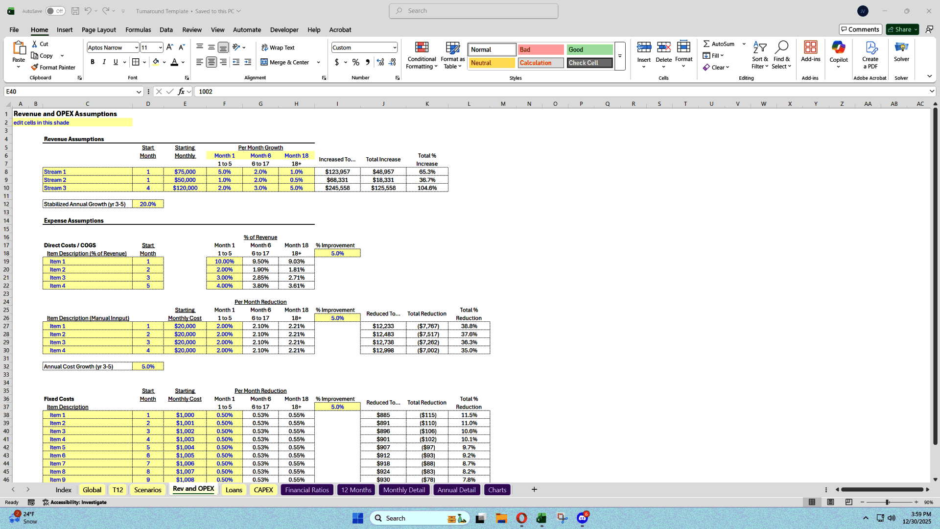 Business Turnaround Scenario & Sensitivity Financial Model (Excel template (XLSX)) Preview Image
