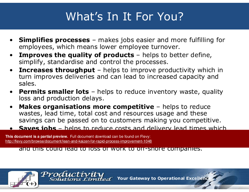 Lean and Kaizen for Rapid Process Improvement (114-slide PowerPoint presentation (PPT)) Preview Image