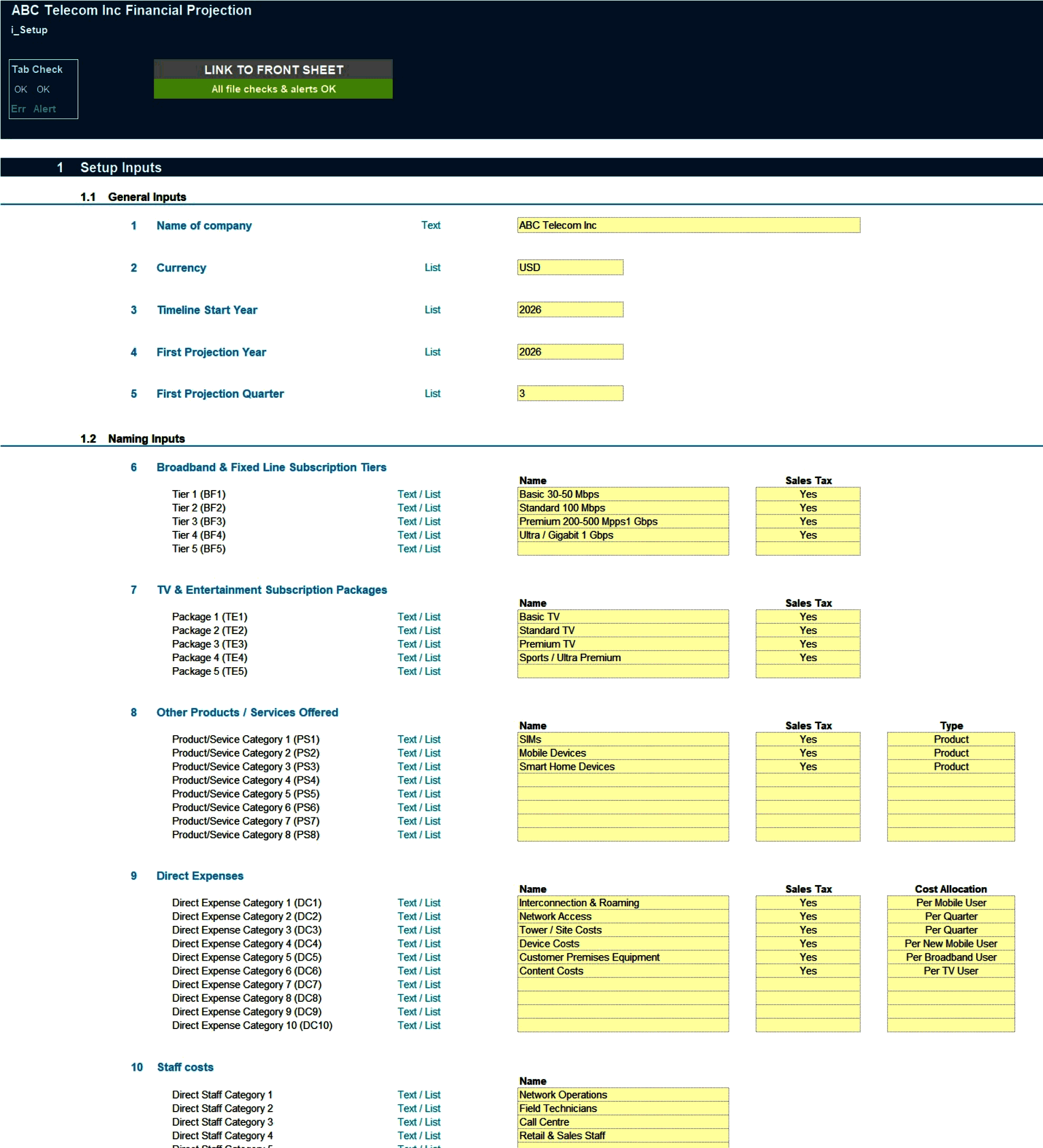 Telecom Business 8-Year 3 Statement Financial Projection Model (Excel template (XLSX)) Preview Image