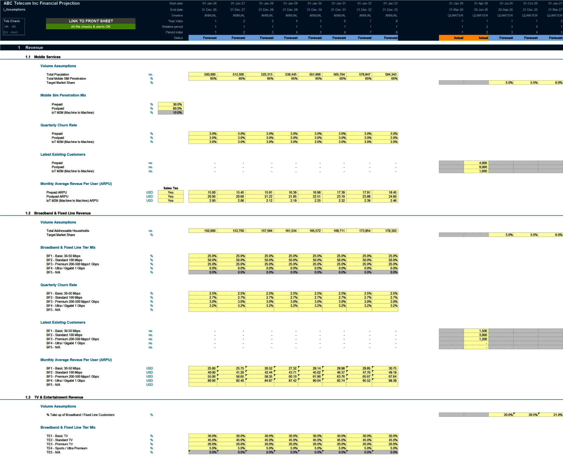 Telecom Business 8-Year 3 Statement Financial Projection Model (Excel template (XLSX)) Preview Image
