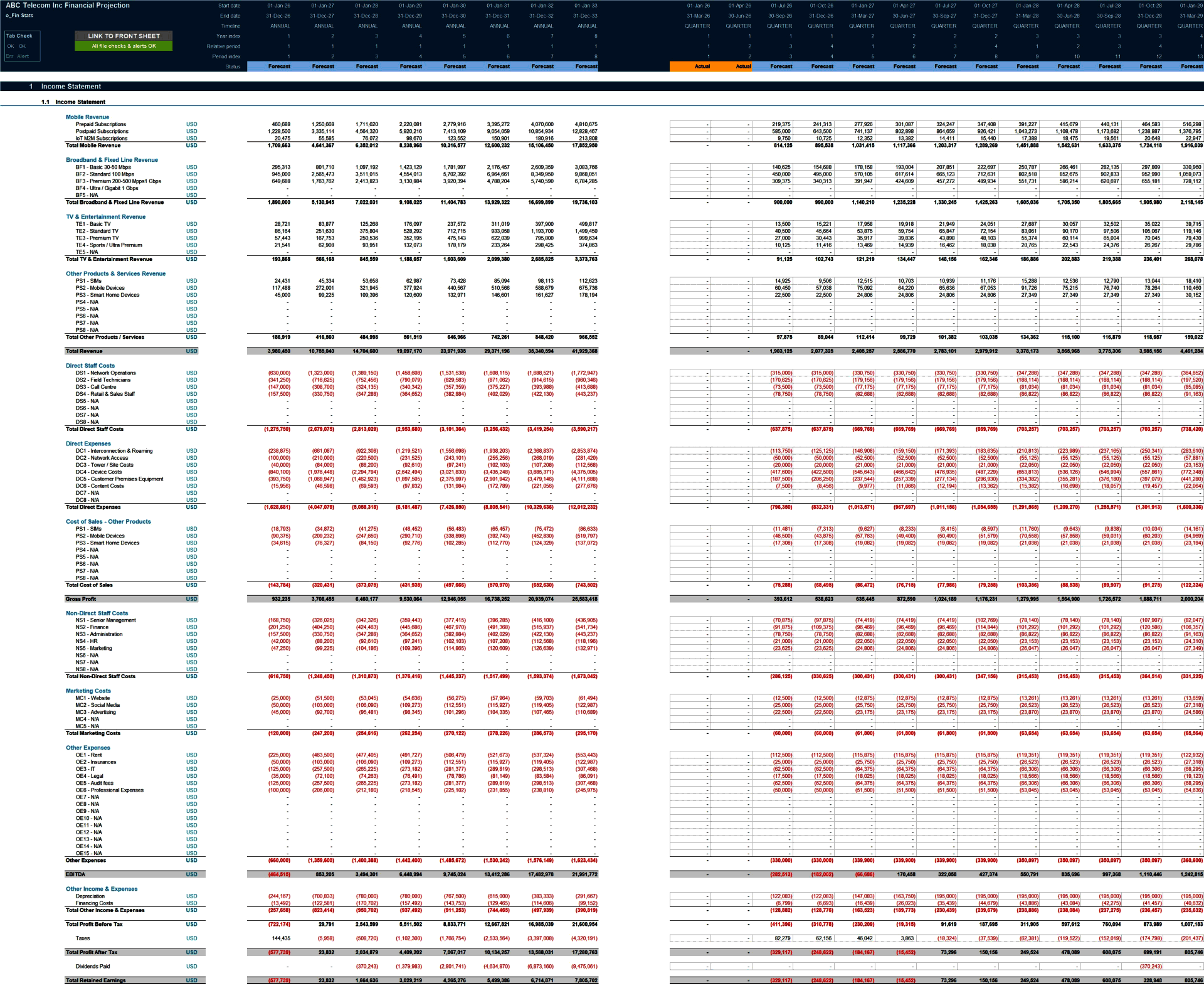 Telecom Business 8-Year 3 Statement Financial Projection Model (Excel template (XLSX)) Preview Image