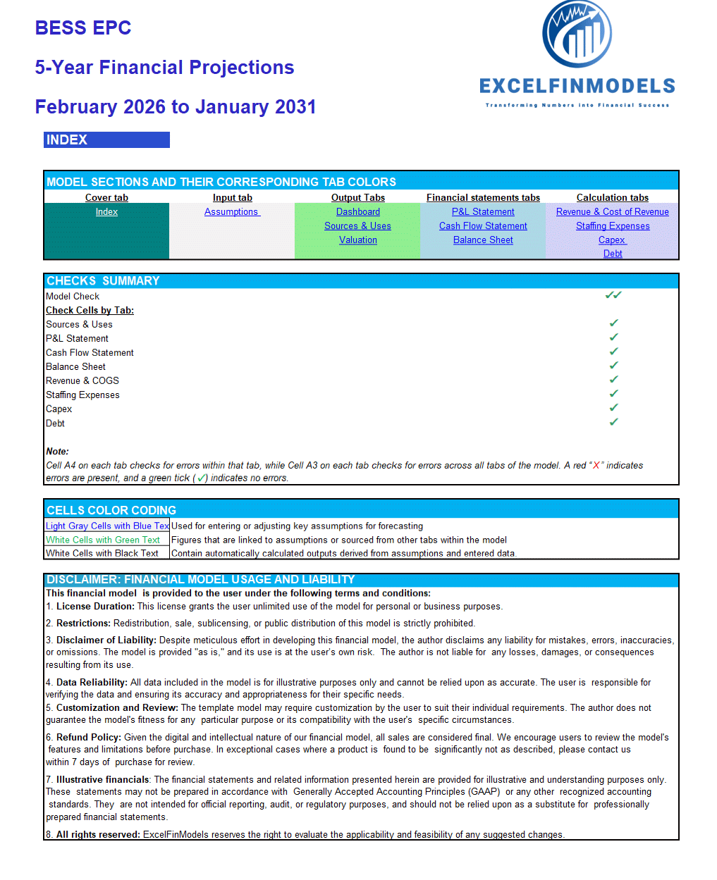 Battery Energy Storage System (BESS) EPC Financial Model (Excel template (XLSX)) Preview Image