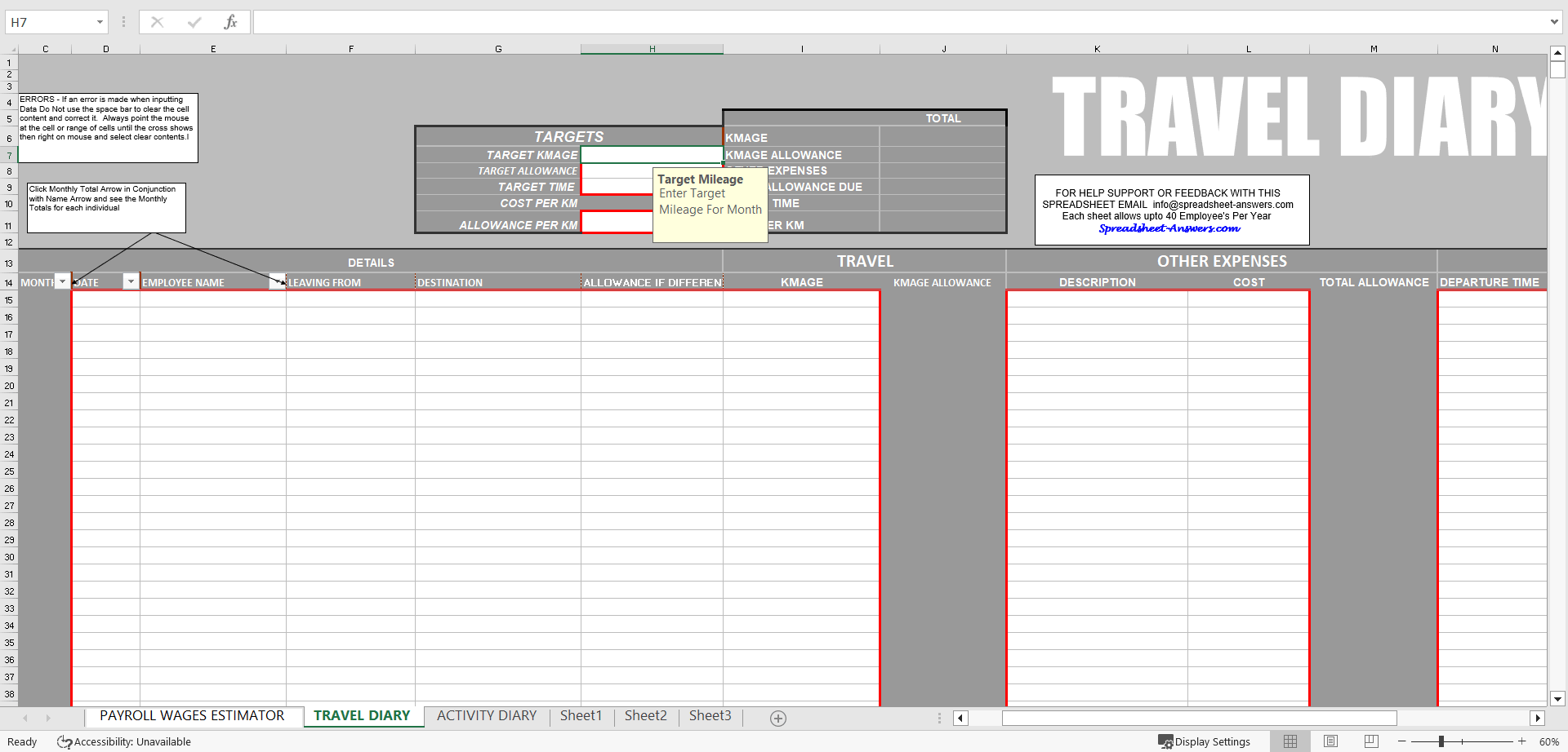Payroll Diary Including Travel Diary and Activity Diary (Excel template (XLS)) Preview Image