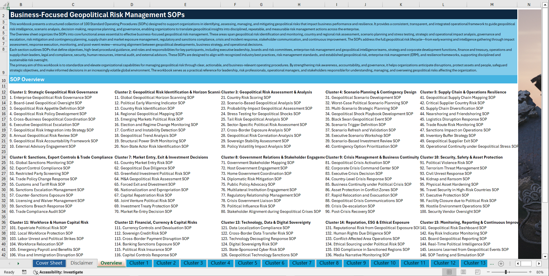 100+ Business-Focused Geopolitical Risk Management SOPs (Excel template (XLSX)) Preview Image