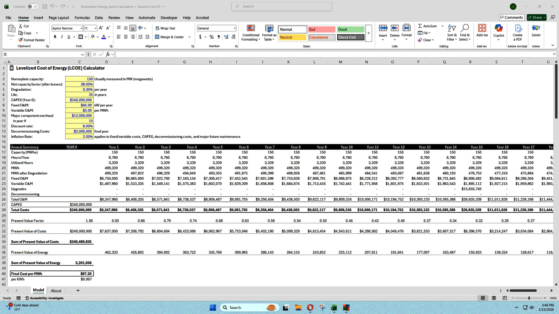 Levelized Cost of Energy (LCOE) Financial Model (Excel template (XLSX)) Preview Image
