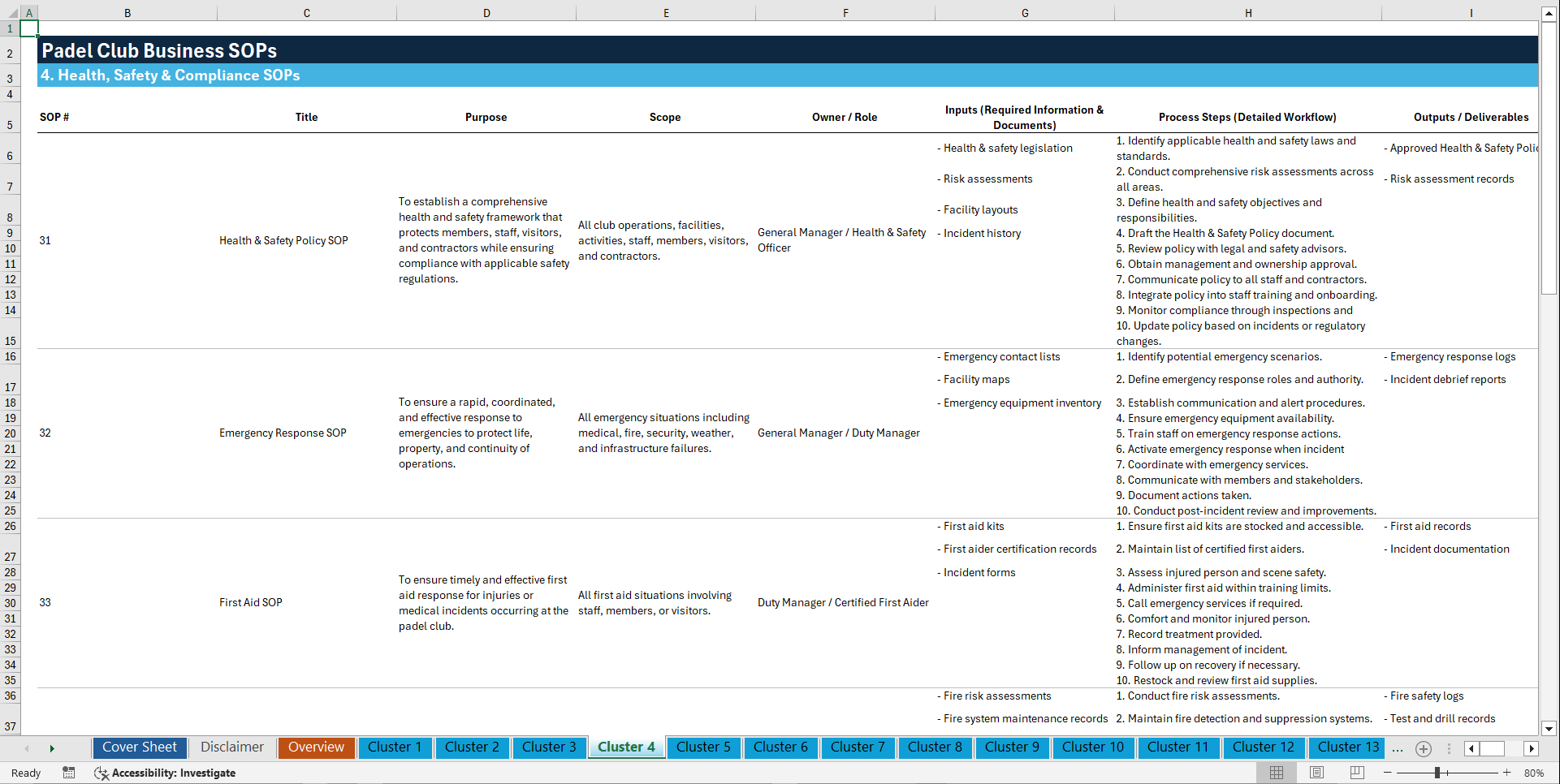100+ Padel Club Business SOPs (Excel template (XLSX)) Preview Image