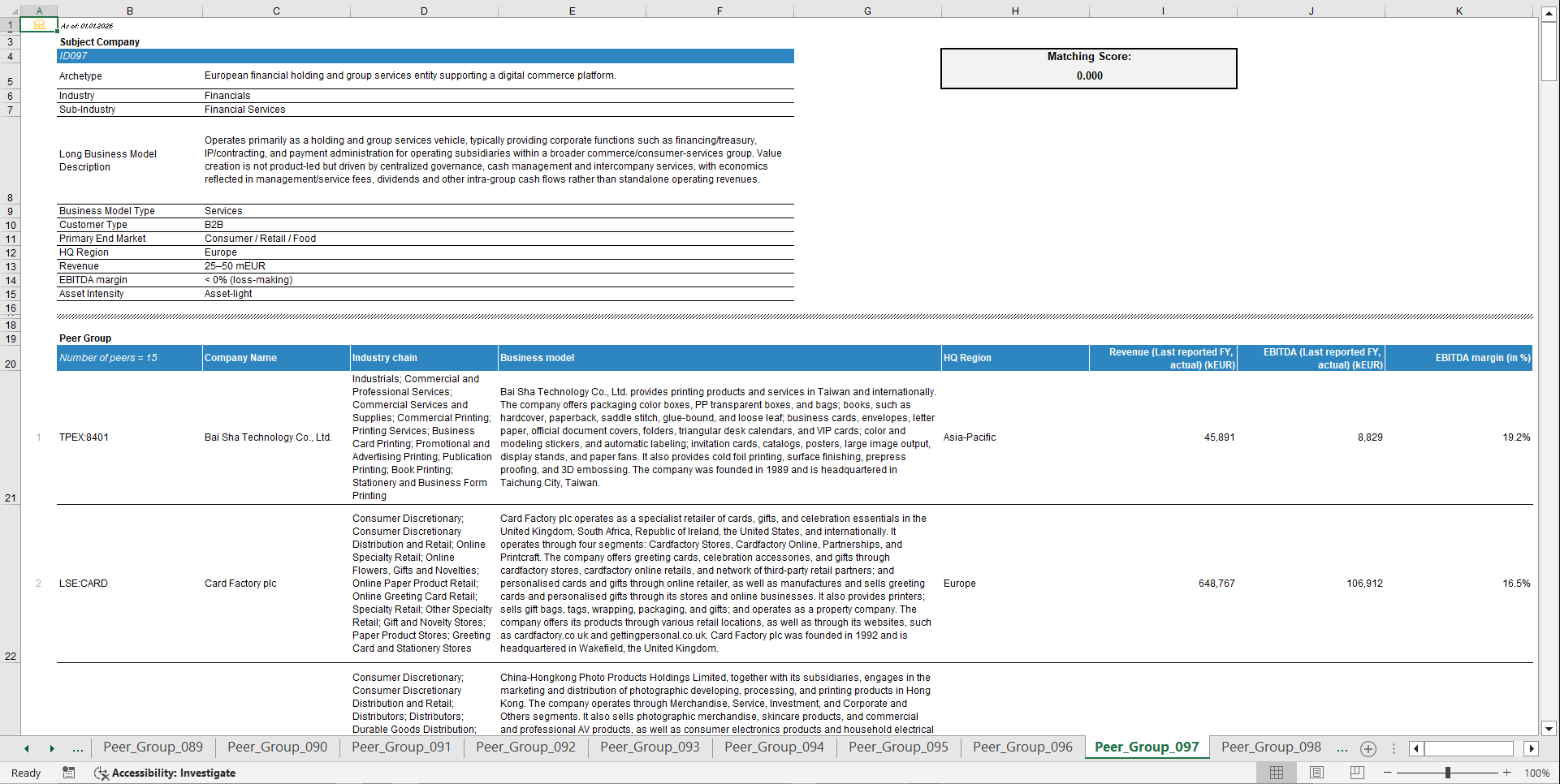 Comparable Companies (Peer Group) Database & Matching Tool (Excel template (XLSX)) Preview Image