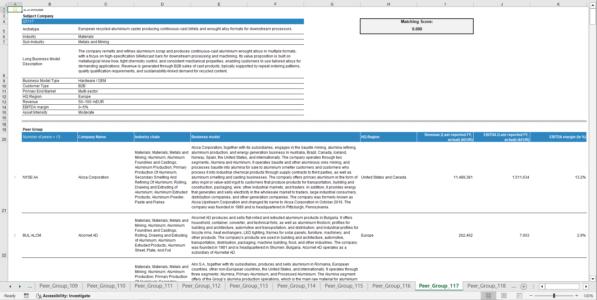 Comparable Companies (Peer Group) Database & Matching Tool (Excel template (XLSX)) Preview Image