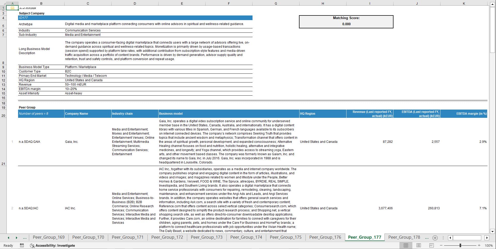 Comparable Companies (Peer Group) Database & Matching Tool (Excel template (XLSX)) Preview Image