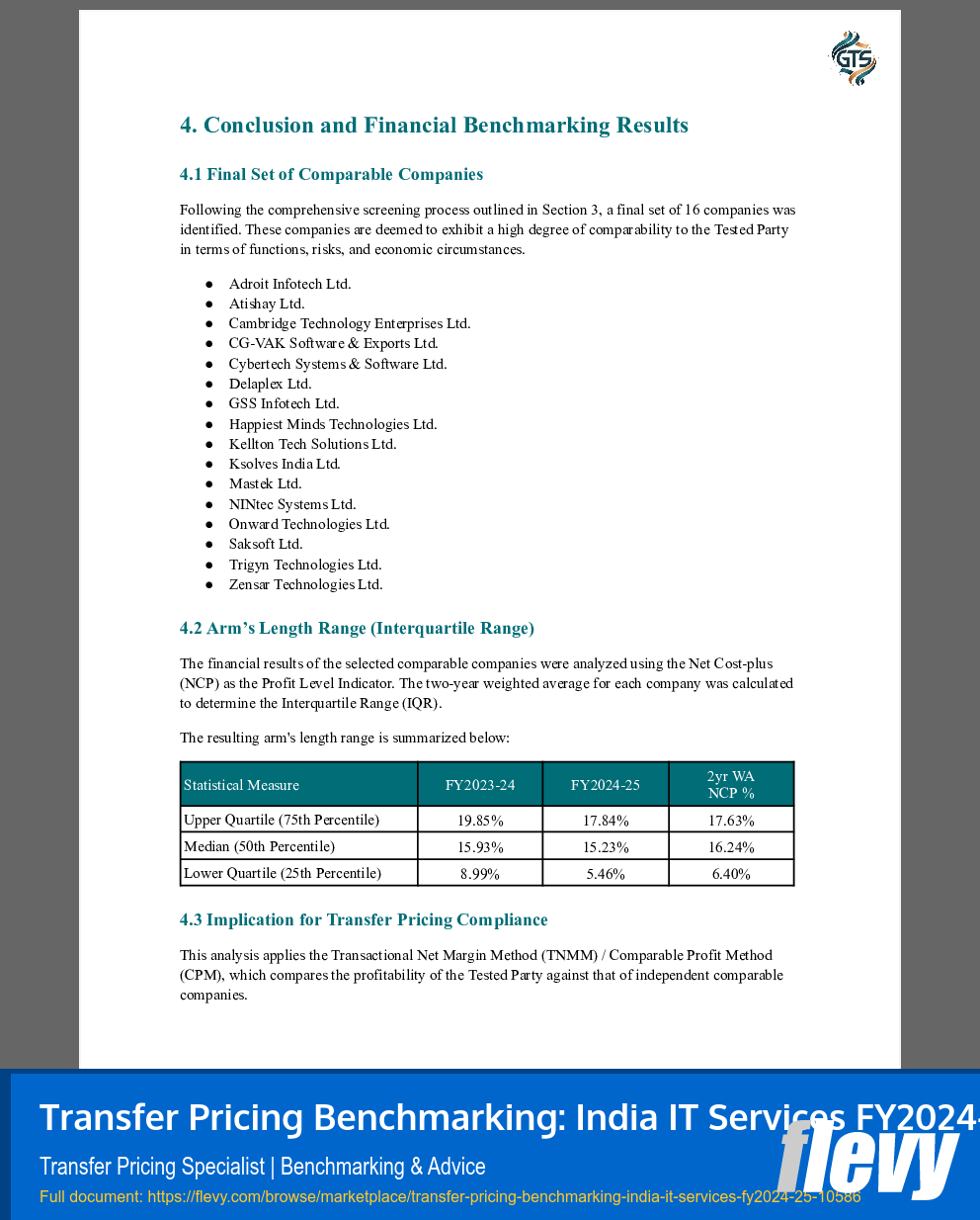 Transfer Pricing Benchmarking: India IT Services FY2024-25 (17-page PDF document) Preview Image