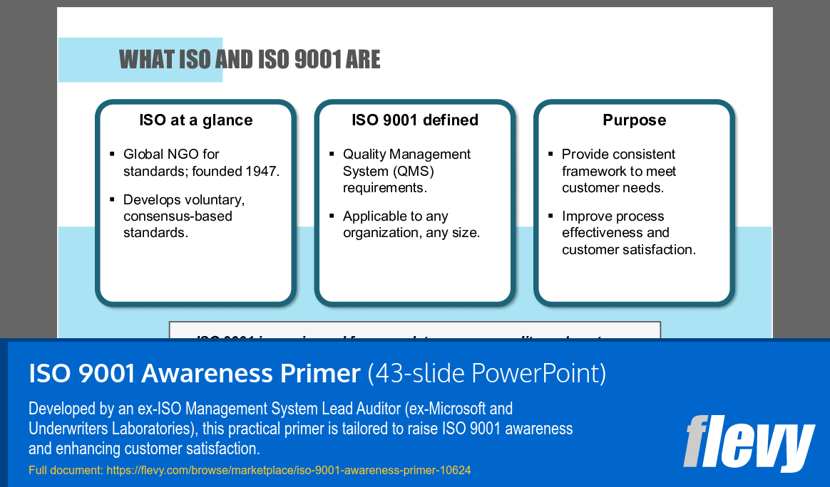 ISO 9001 Awareness Primer (43-slide PPT PowerPoint presentation slide deck (PPTX)) Preview Image