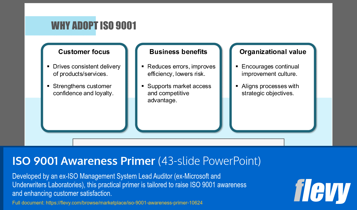 ISO 9001 Awareness Primer (43-slide PPT PowerPoint presentation slide deck (PPTX)) Preview Image