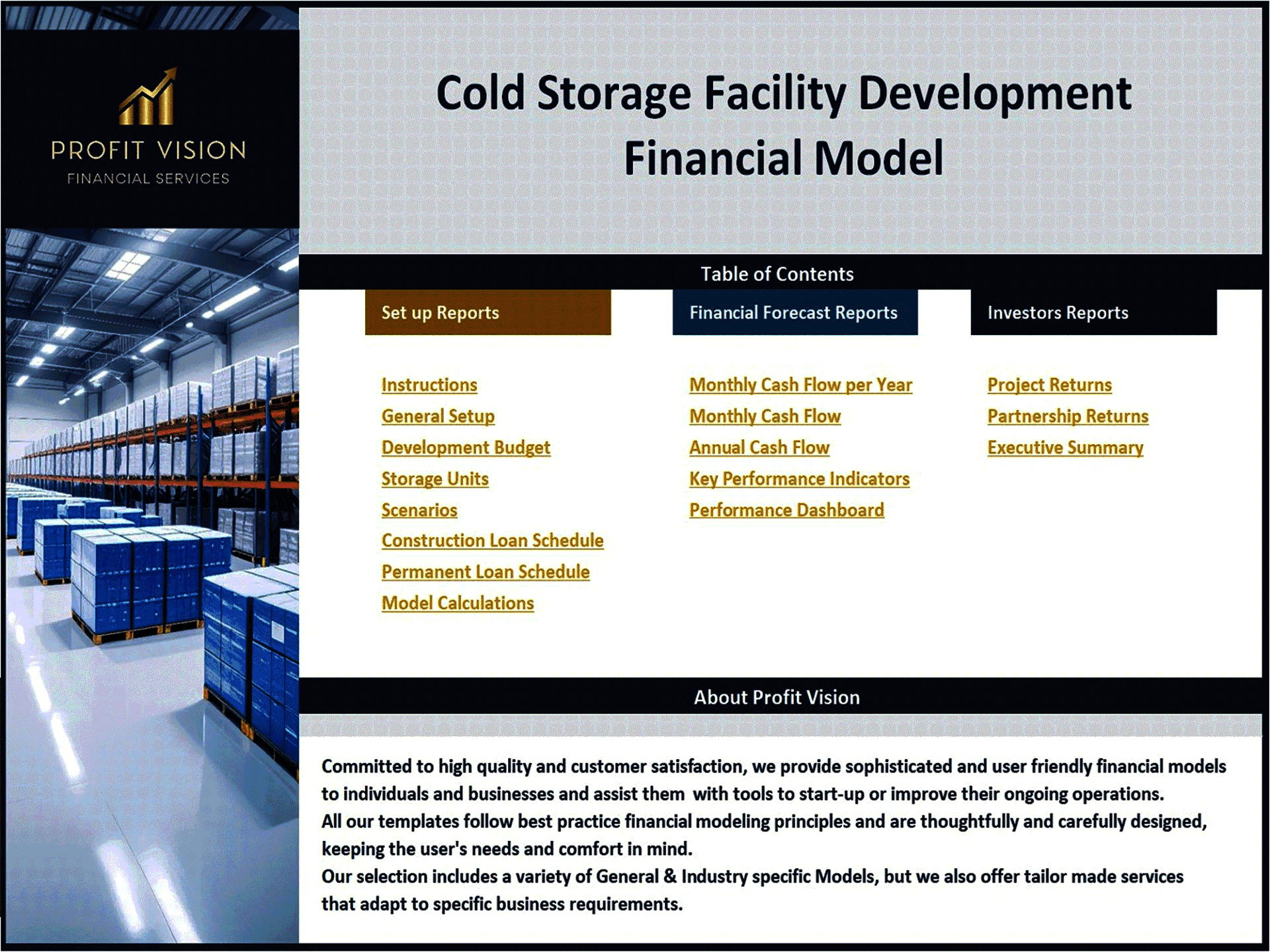 Cold Storage Facility Development – 10 Year Financial Model (Excel template (XLSX)) Preview Image